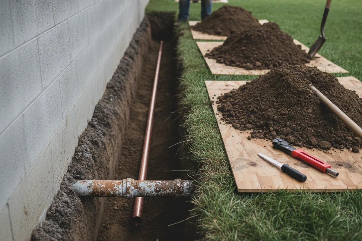 Excavated water line trench during Water Softener Installation in Gerton